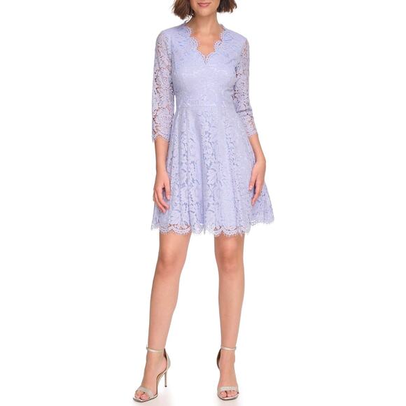 Eliza J Long Sleeve Lace Fit and Flare Dress Size 6 Light Blue Graceful Floral - Picture 1 of 12